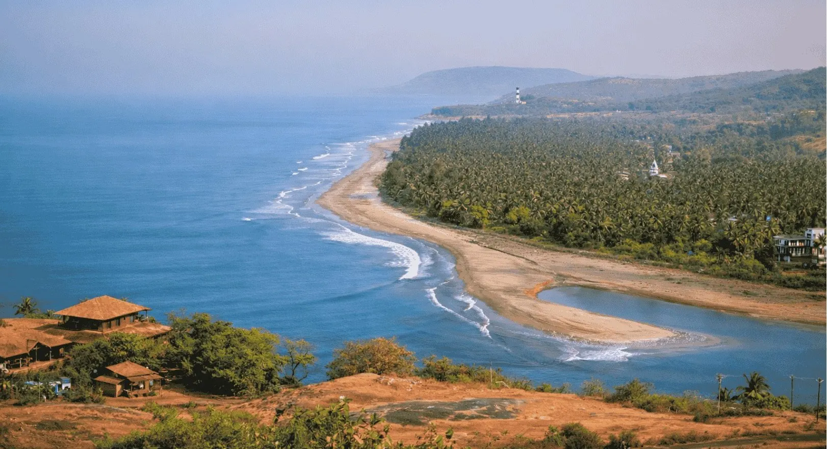 Aerial view of Anjarle beach and the Jog river estuary in Dapoli