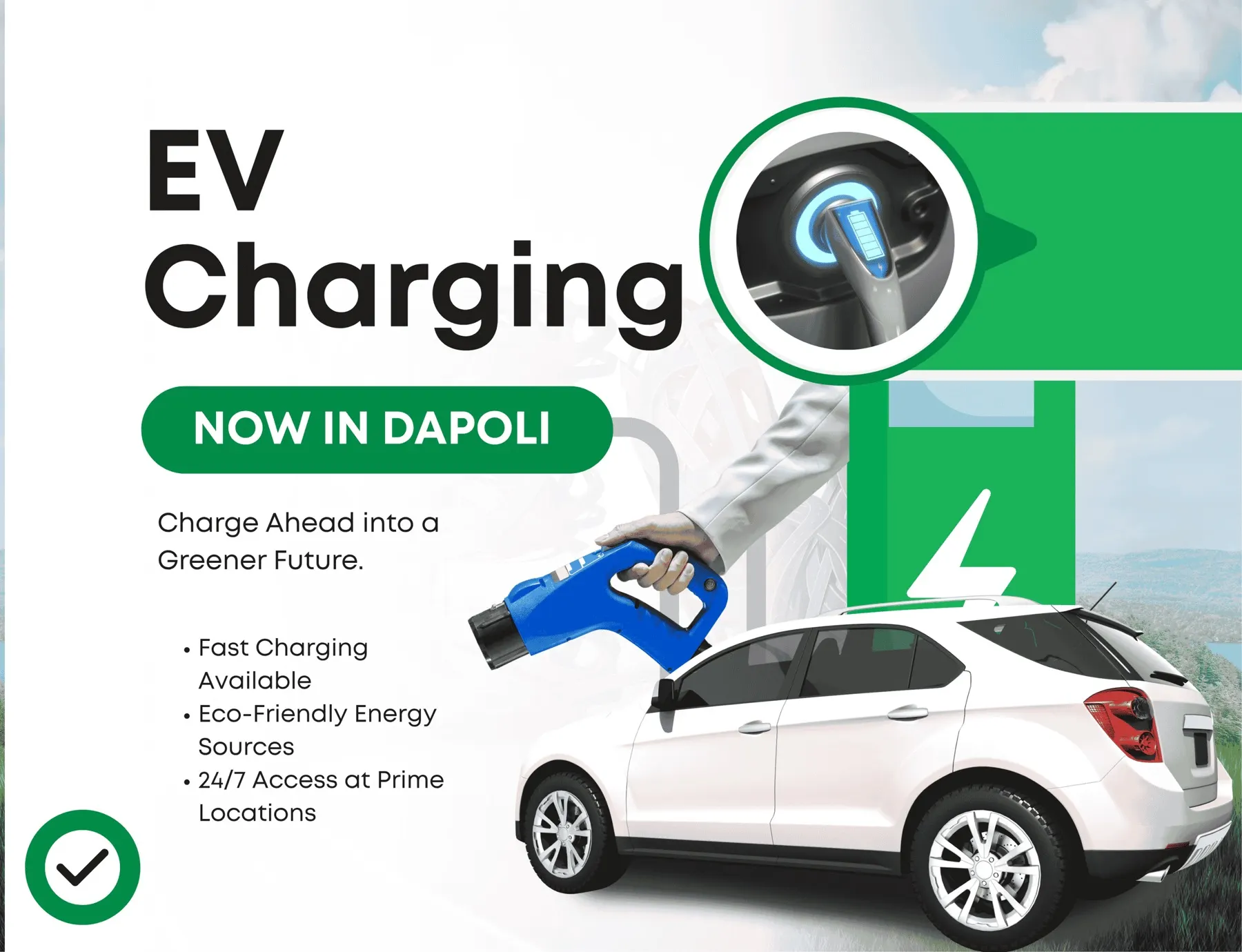 EV charging now in Dapoli illustration with a car and charging gun